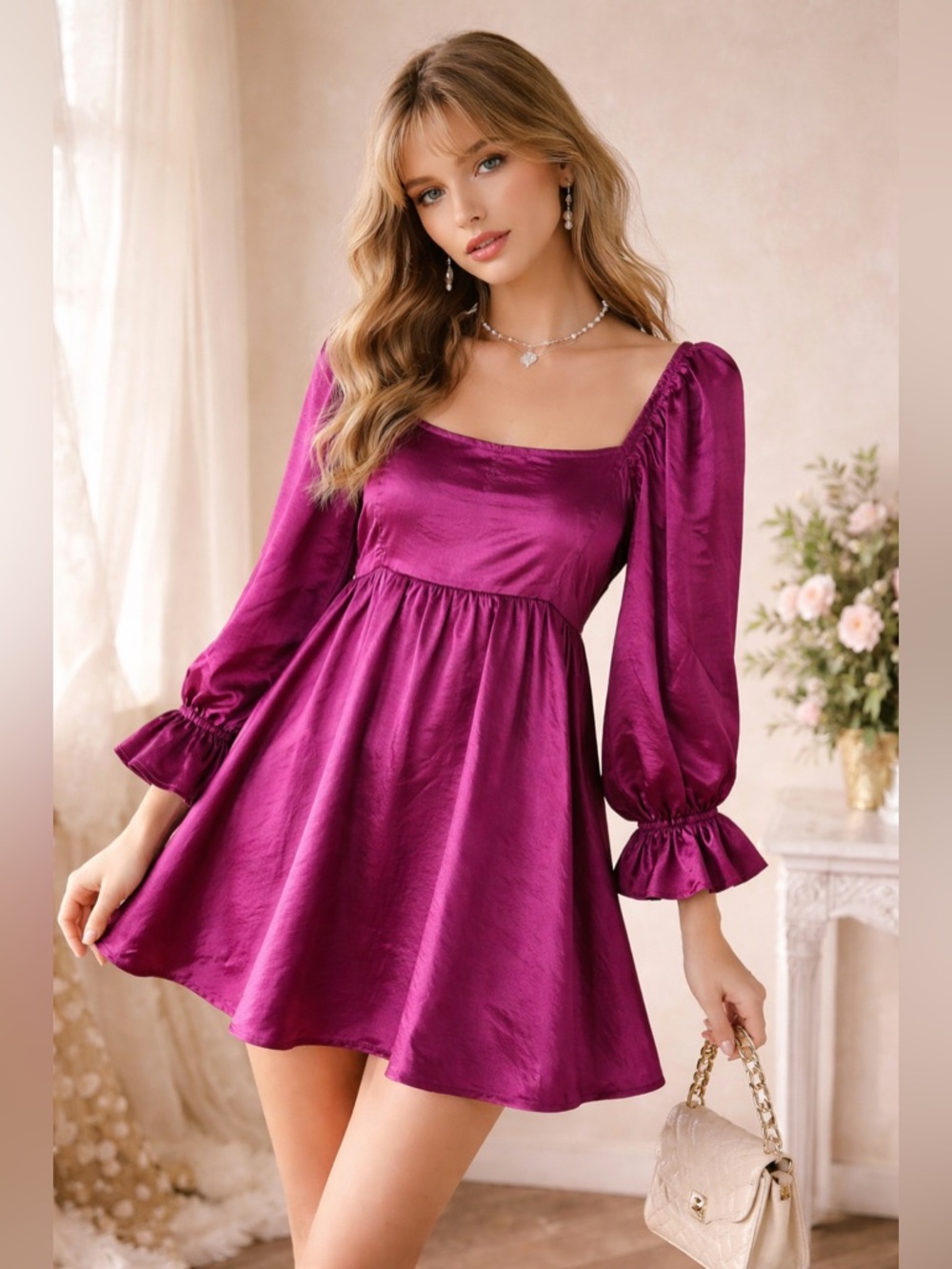 Entro Women’s Satin Babydoll Dress Magenta Puff Sleeve Smocked Back Cottage Sz S